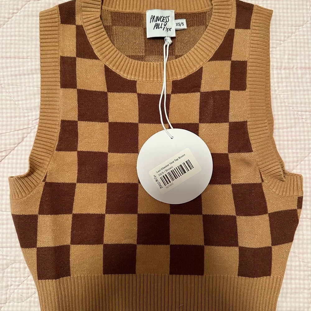 PRINCESS POLLY LUCI CHECKER VEST TOP BROWN (SIZE XS/S)